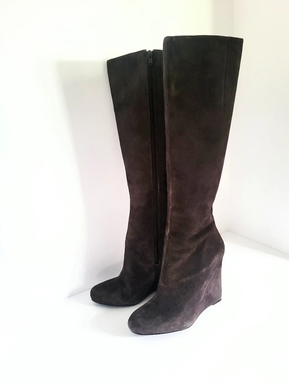 Nine West Soft Dark Esspresso Genuine Leather Suede Knee High Wedge Heel Boots 8